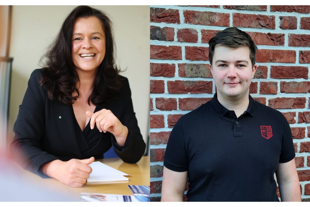 Auf diesem Bild sond Portraits der beiden Referierenden zu sehen: Janina Krüger mit dubklen langen Haaren und schwarzer Bluse an einem Schreibtisch sitzend. Tim Steverding mit dunklem Poloshirt vor einer Klinkerwand stehend.